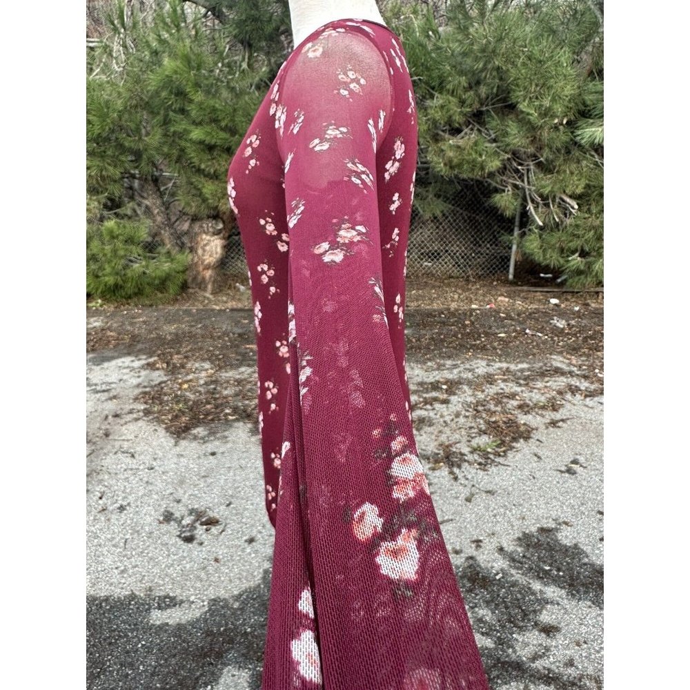 Vibe Sportswear Womans Large Burgundy Dress Floral Long Sheer Sleeve Short Lined - Picture 4 of 8